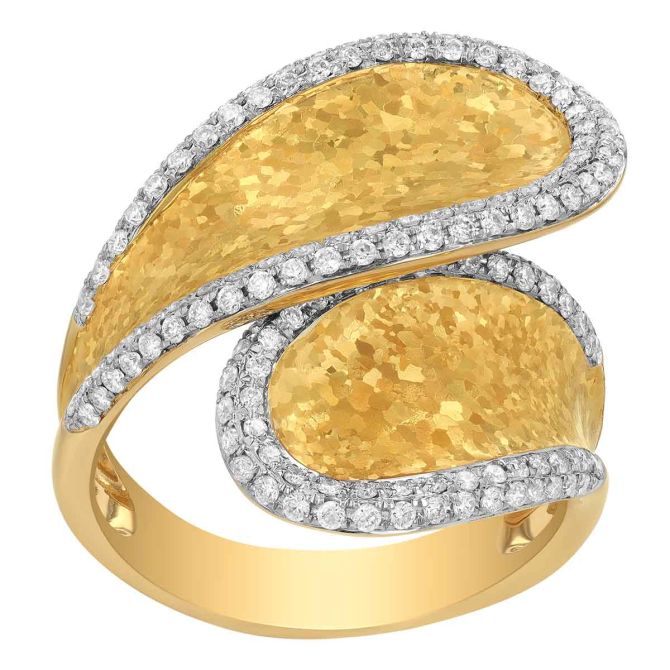 Yellow Gold Hammered Bypass Ring with Diamond Pave Edges