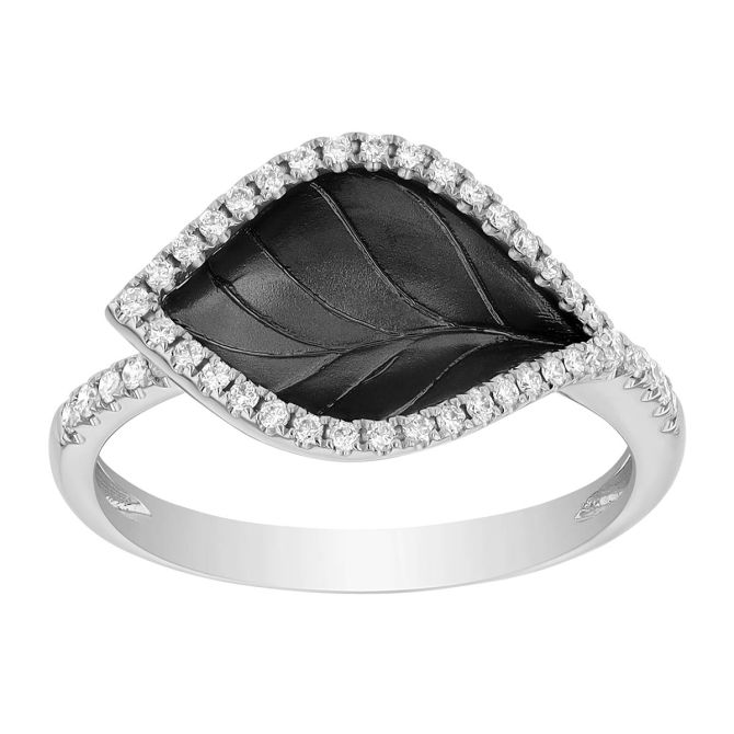 Black Rhodium & White Gold Leaf Ring with Diamond Edges