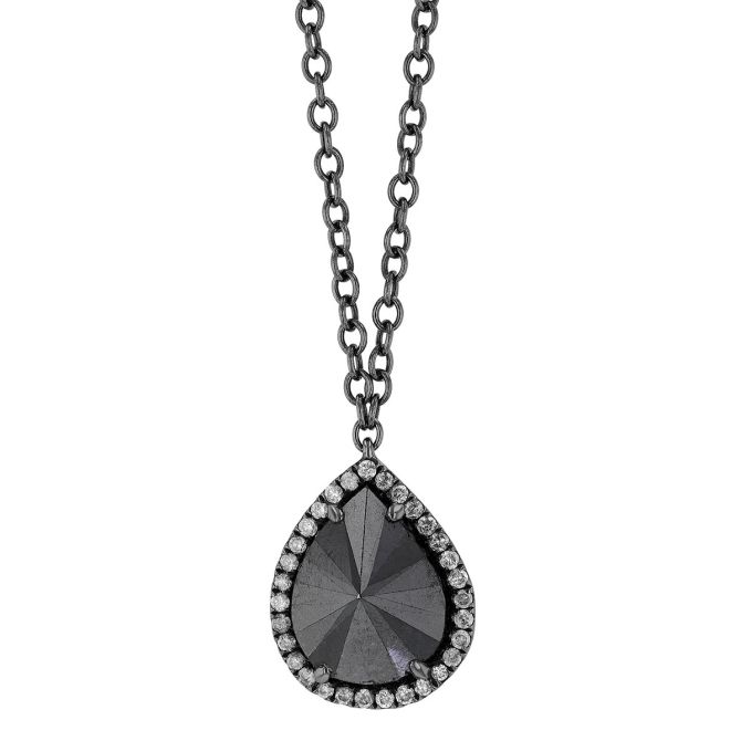 Faceted Pear Shaped Black Diamond  Pendant in White Gold & Black Rhodium, 19"