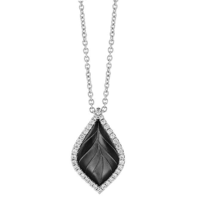 Black Rhodium & White Gold Leaf Pendant with Diamond Edges, 18"