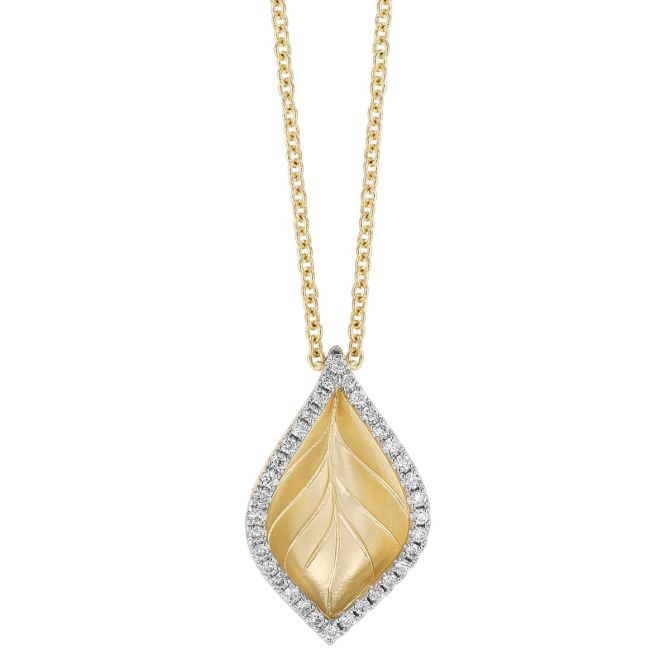 Yellow Gold Leaf Pendant with Diamond Edges, 18"