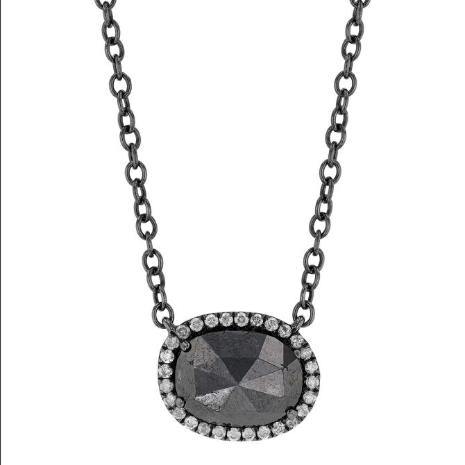 Black Irregular Oval Diamond Halo Necklace in White Gold & Black Rhodium, 18"