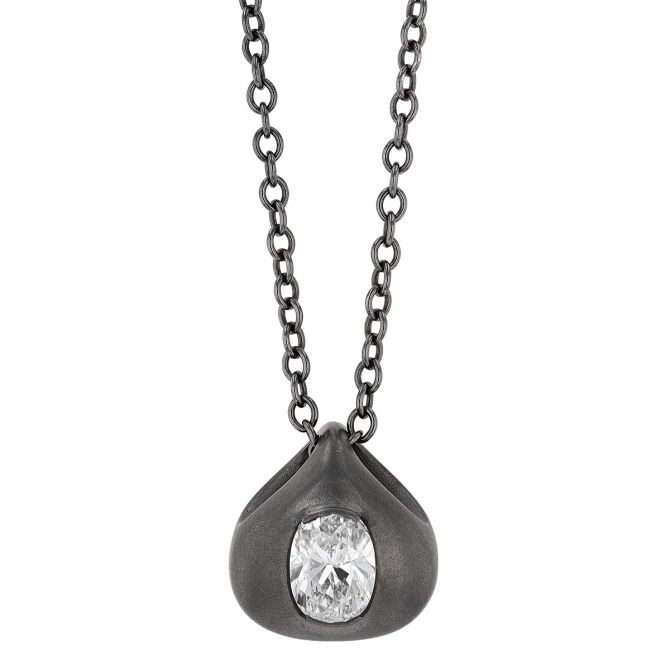 Oval Diamond Droplet Pendant in White Gold & Black Rhodium, 18"