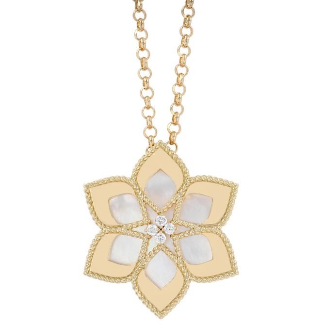 Roberto Coin Vernazza Mother of Pearl & Diamond Flower Pendant in Yellow Gold, 31"