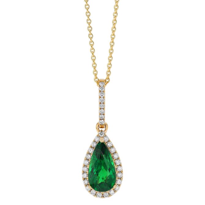 Pear Shaped Tsavorite Garnet & Diamond Halo Pendant in Yellow Gold