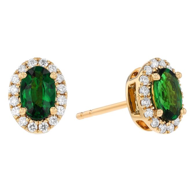 Oval Tsavorite Garnet & Diamond Halo Stud Earrings in Yellow Gold