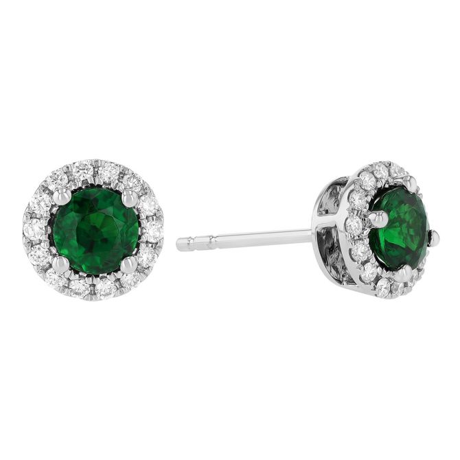 Round Tsavorite Garnet & Diamond Halo Stud Earrings in White Gold