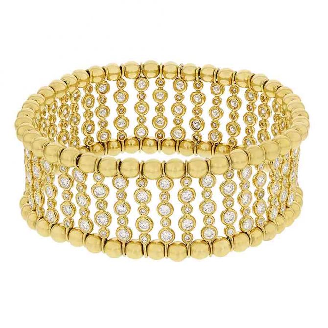 Diamond Bezel Set 5 Row Beaded Stretch Bracelet in Yellow Gold