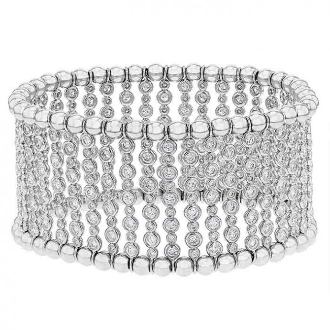 Diamond Bezel Set 9 Row Beaded Stretch Bracelet in White Gold