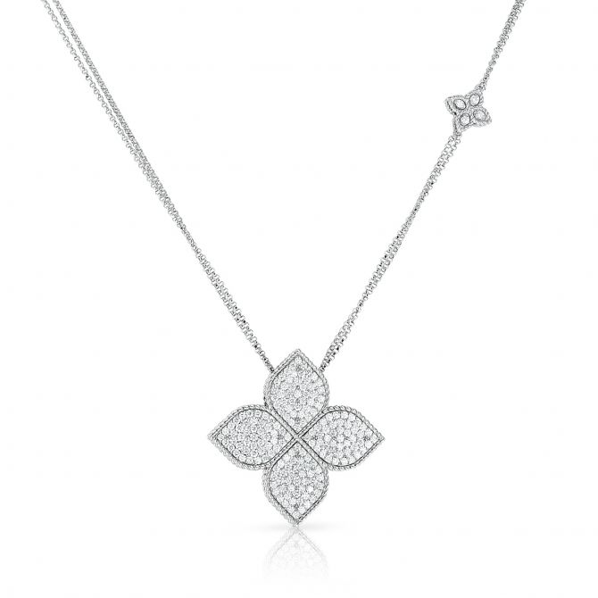 Roberto Coin Princess Flower Diamond Pendant Necklace on 30" Chain in White Gold