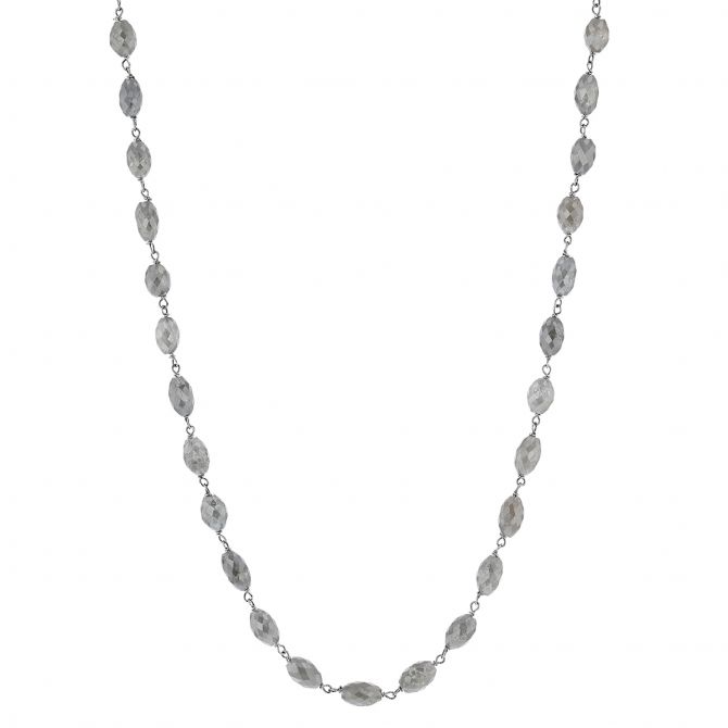 Grey Diamond Faceted Bead Necklace in White Gold, 36"