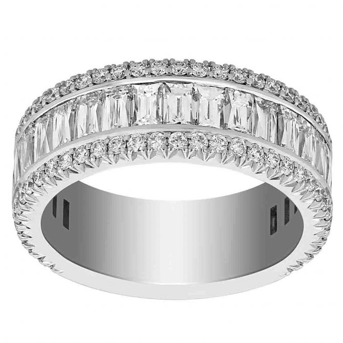 Rahaminov French Cut Baguette & Round Diamond 3 Row Band Ring in White Gold