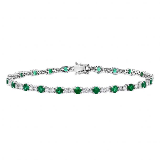 18K White Gold Round Emerald & Diamond Bracelet, 7"