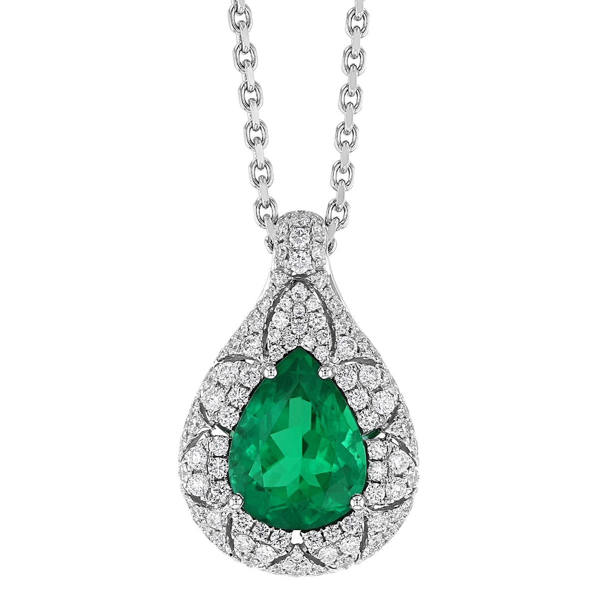 Pear Shaped Emerald & Diamond Patterned Halo Pendant in White Gold, 17 ...