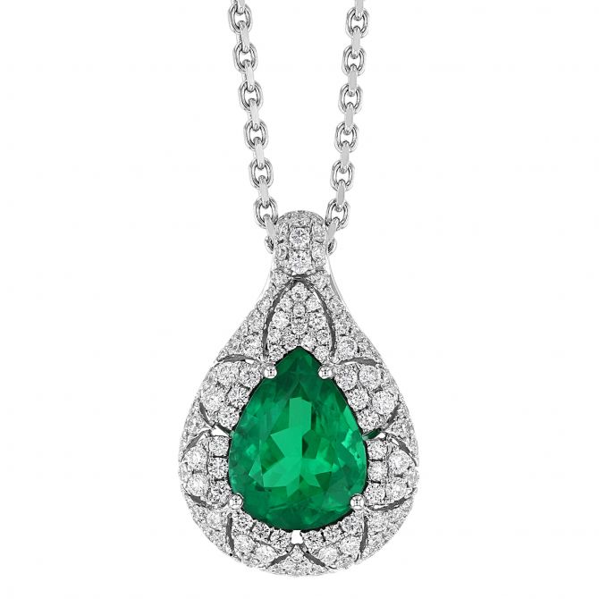 Pear Shaped Emerald & Diamond Patterned Halo Pendant in White Gold, 17"