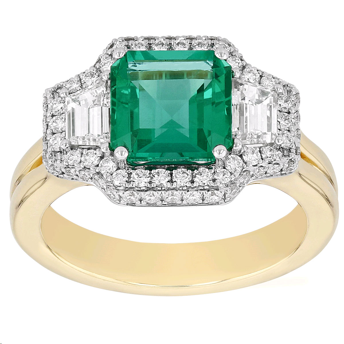 Asscher Cut Emerald & Trapezoid Diamond 3 Stone Halo Ring in Two Tone ...