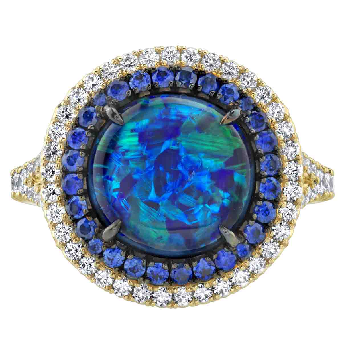 Omi Prive Round Opal Ring with Sapphire & Diamond Double Halo in Yellow ...