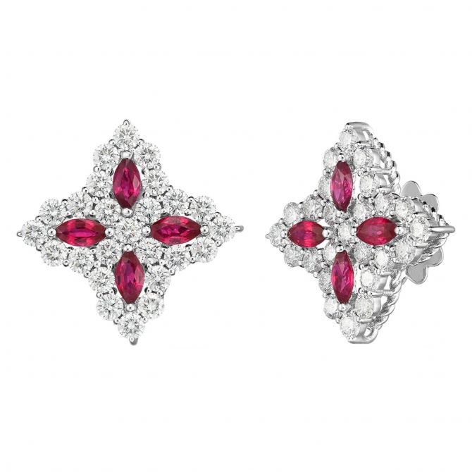 Roberto Coin Princess Flower Ruby & Diamond Large Post Earrings in White Gold