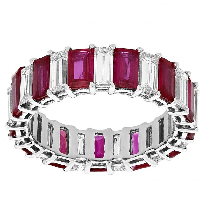 Baguette Ruby & Diamond Alternating Eternity Ring in White Gold, Size 6