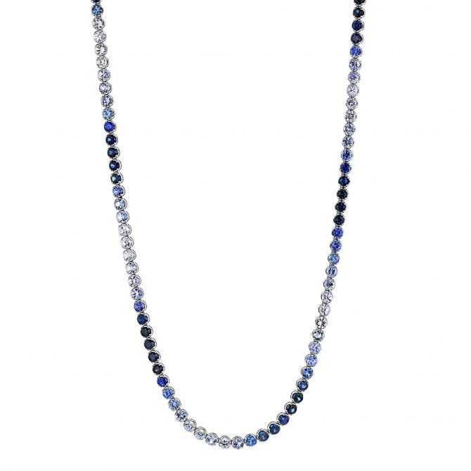 Round Ombre Sapphire Necklace in White Gold, 32.5 in