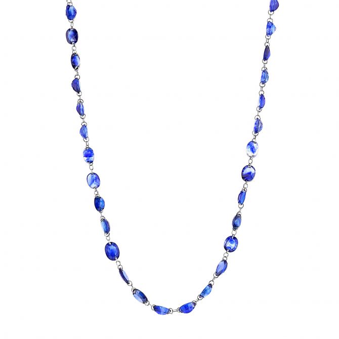 Sapphire Oval Bead Necklace in White Gold, 36"