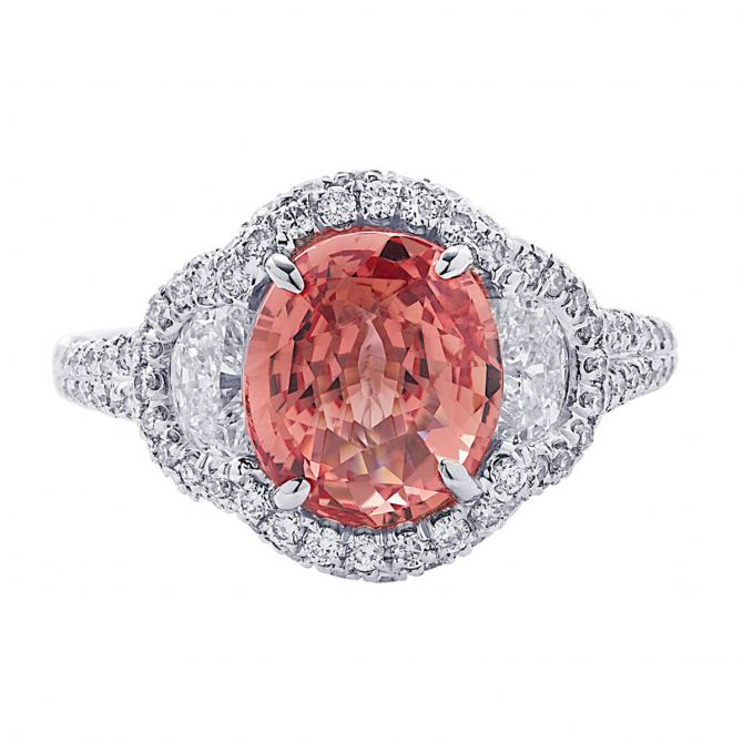 J.B.  Star Platinum Oval Padparadscha Sapphire & Diamond Ring