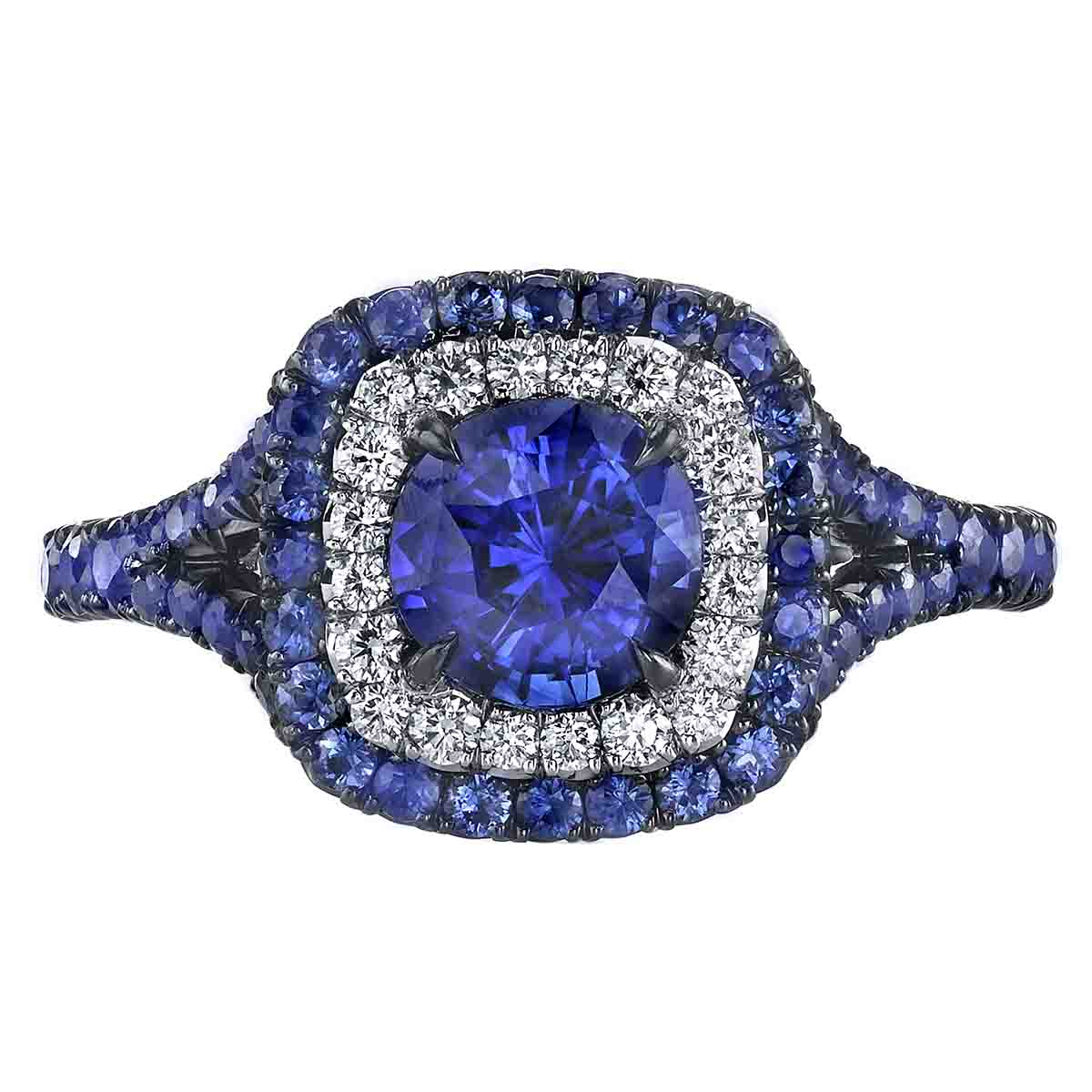 Omi Prive Round Sapphire & Diamond Double Cushion Halo Ring in Platinum ...