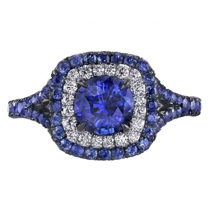 Omi Prive Round Sapphire & Diamond Double Cushion Halo Ring in Platinum