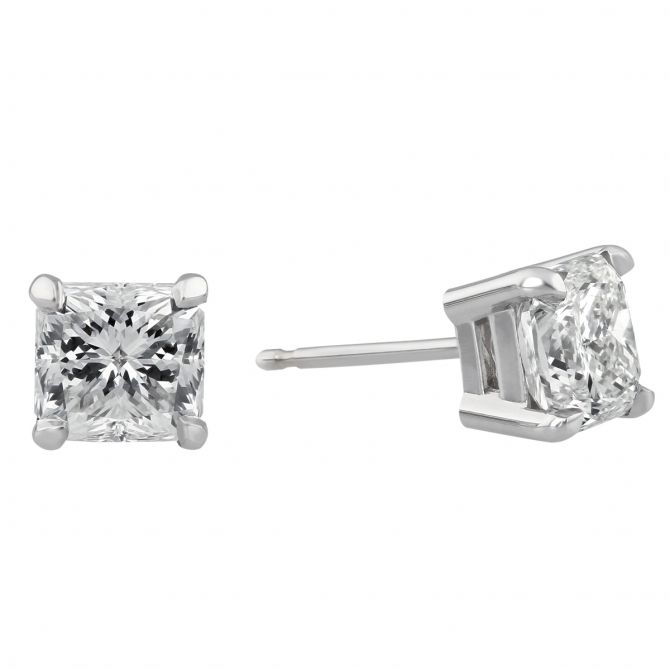 Cut Corner Princess  Diamond Stud Earrings in White Gold, 2.01 cttw