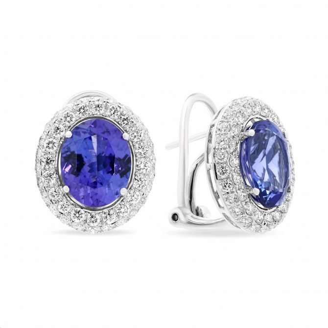 Oval Tanzanite & Diamond Halo Post Earrings in White Gold