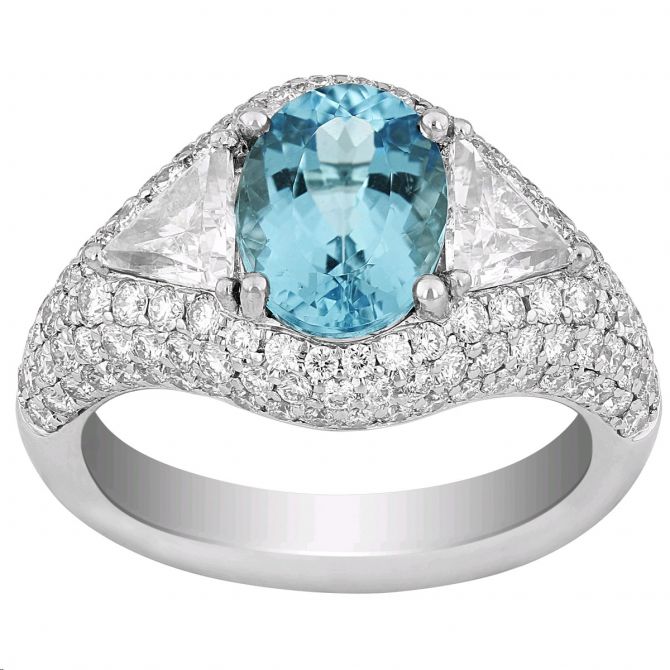 Oval Paraiba Tourmaline & Trillion Diamond 3 Stone Ring with Pavé Shoulders in Platinum