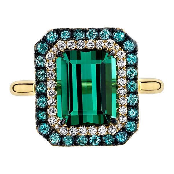 Omi Prive Emerald Cut Blue-Green Tourmaline Ring with Alexandrite