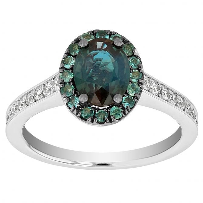 Oval Alexandrite Ring with Halo & Diamond Shank in White Gold