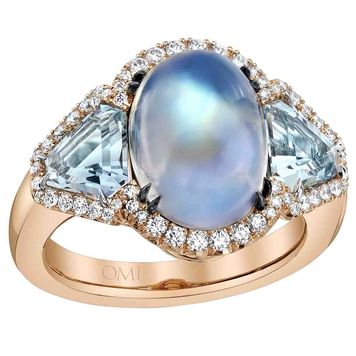 Omi Prive Oval Moonstone Cabochon, Aquamarine & Diamond 3 Stone Ring in ...