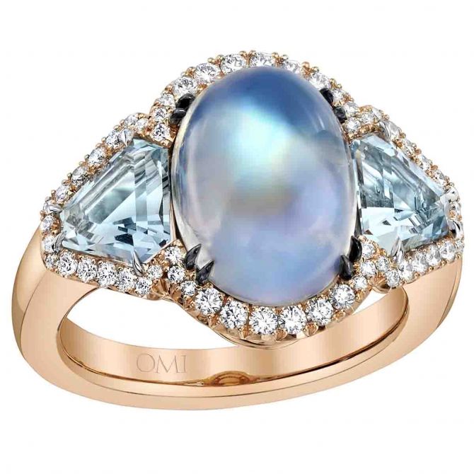 Omi Prive Oval Moonstone Cabochon, Aquamarine & Diamond 3 Stone Ring in Rose Gold