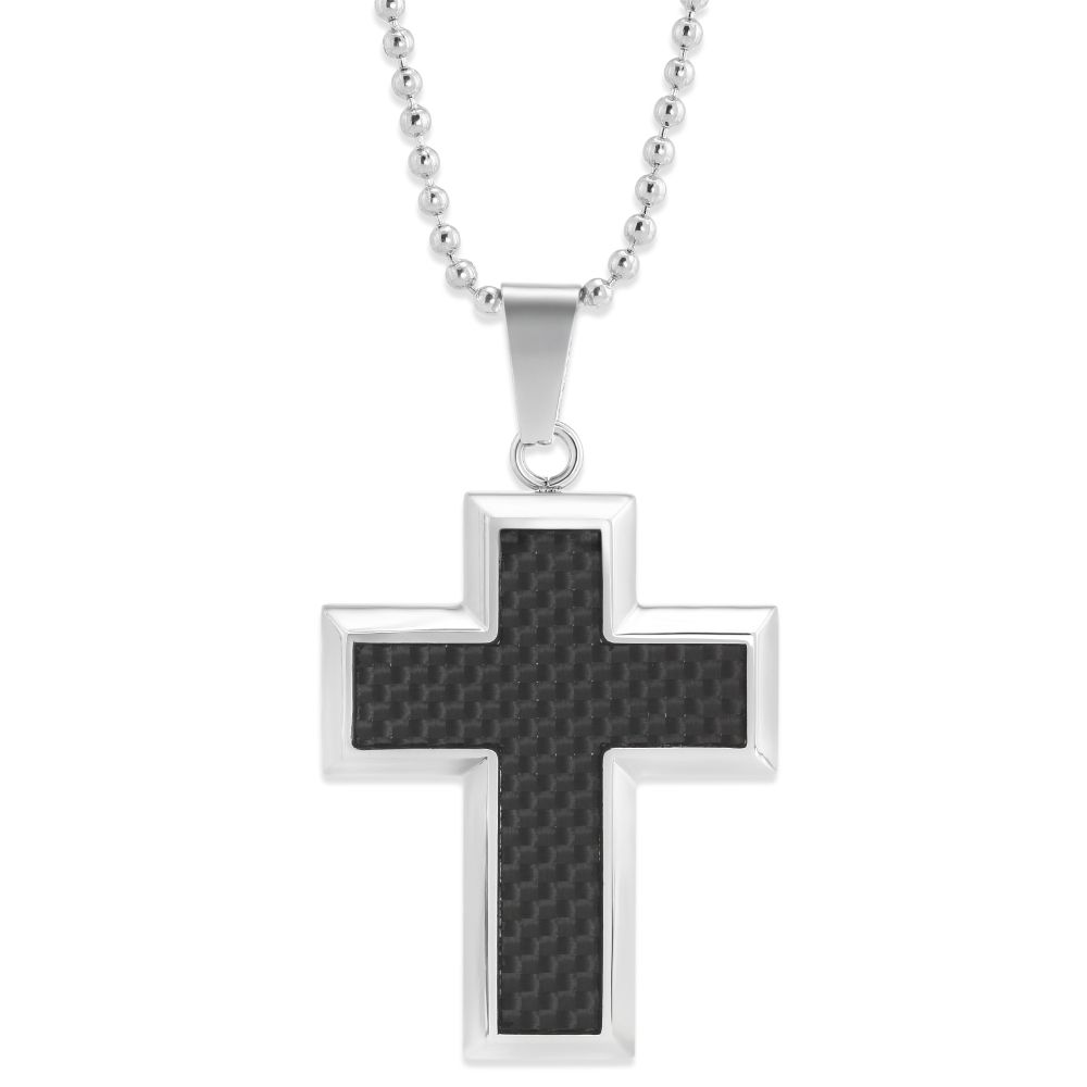 Stainless Steel & Black Carbon Fiber Cross Pendant, 22