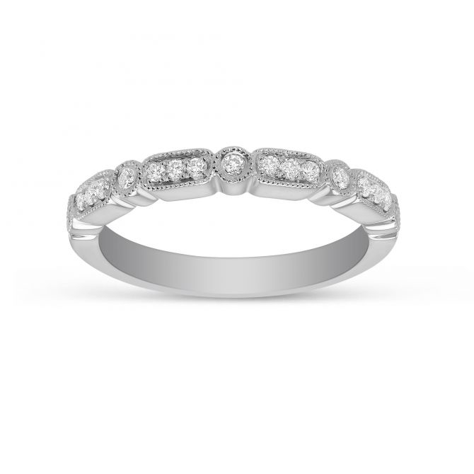 18K White Gold Diamond Wedding Band With Milgrain Edge