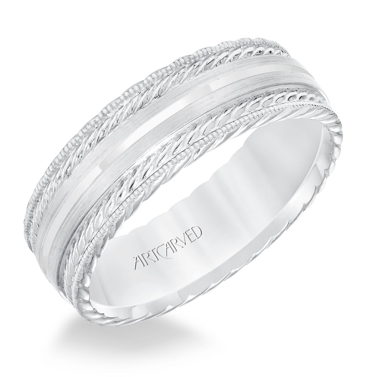 ArtCarved White Gold Textured 7 mm Milgrain Wedding Band