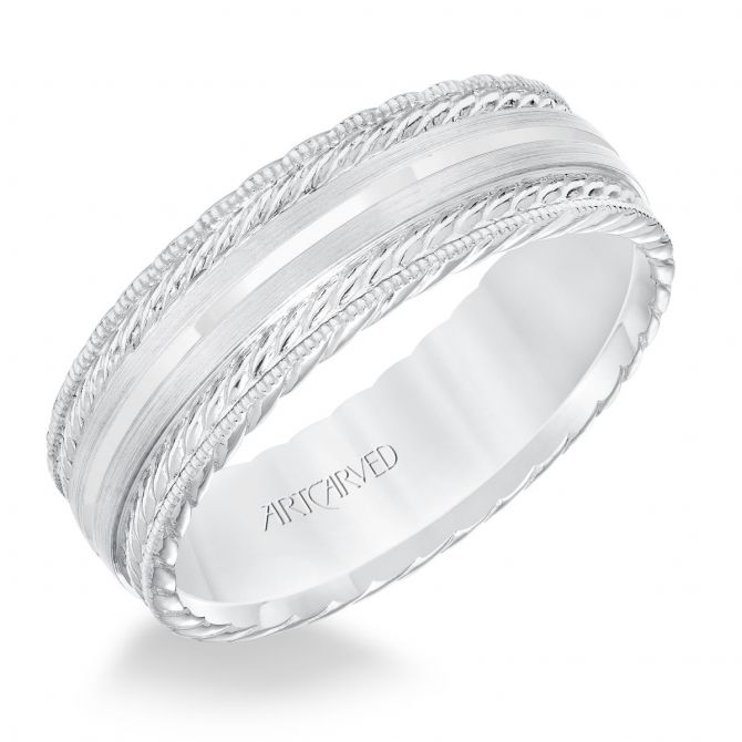 ArtCarved White Gold Textured 7 mm Milgrain Wedding Band, Size 10