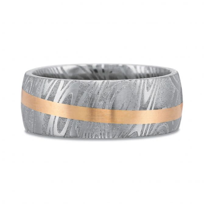 18K Rose Gold & Damascus 8mm Steel Band, Size 10.5