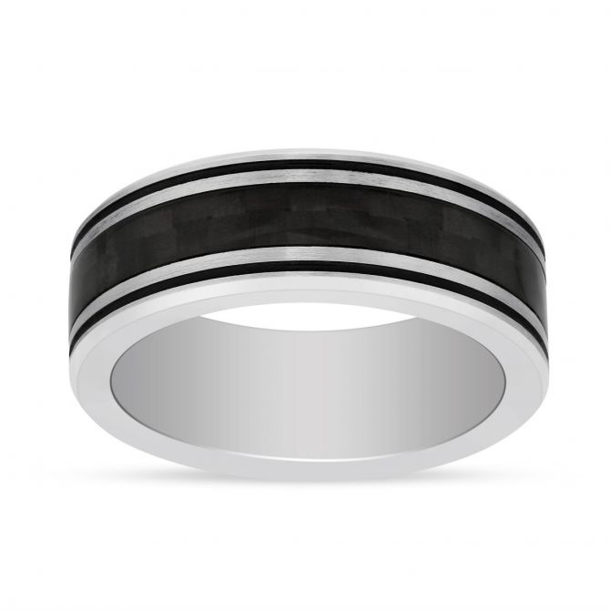 Black & White Tungsten 8mm Band with Checkerboard Center Black Stripe