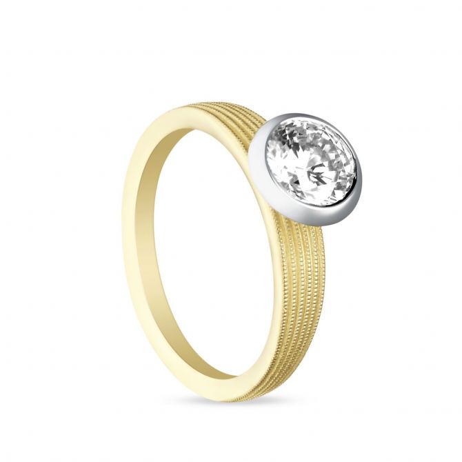 Yellow Gold Lynden Bezel Set Solitaire Ring Setting With Grooved Milgrain Shank