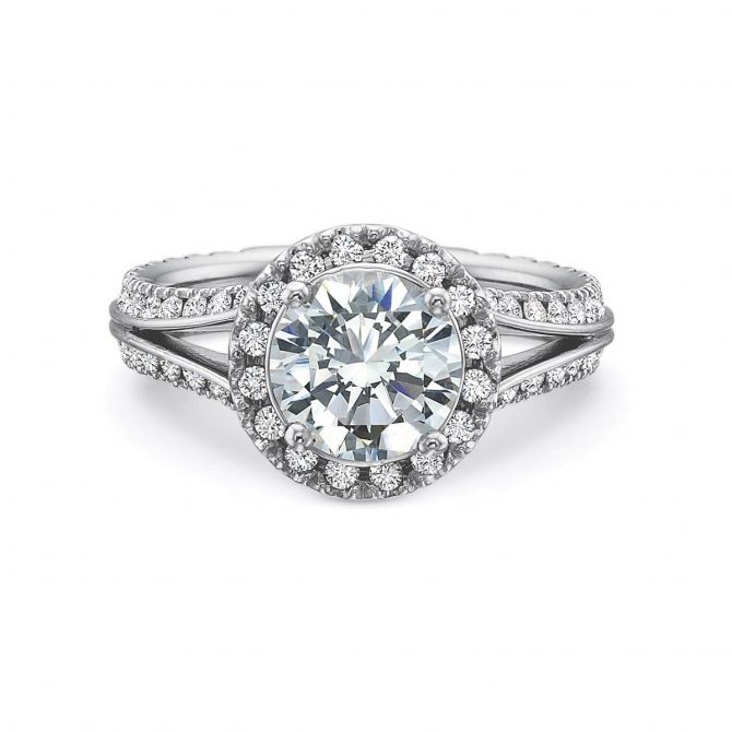 18K White Gold Diamond Halo and Split Shank Ring Setting