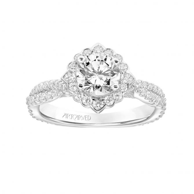 ArtCarved Diamond Halo and Twisted Shank Ring Setting in White Gold, 0.71aptw