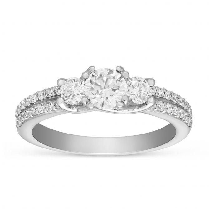 White Gold 3 Stone Diamond Engagement Ring with 2 Row Shank and Ornamental Prong, 0.55 ct