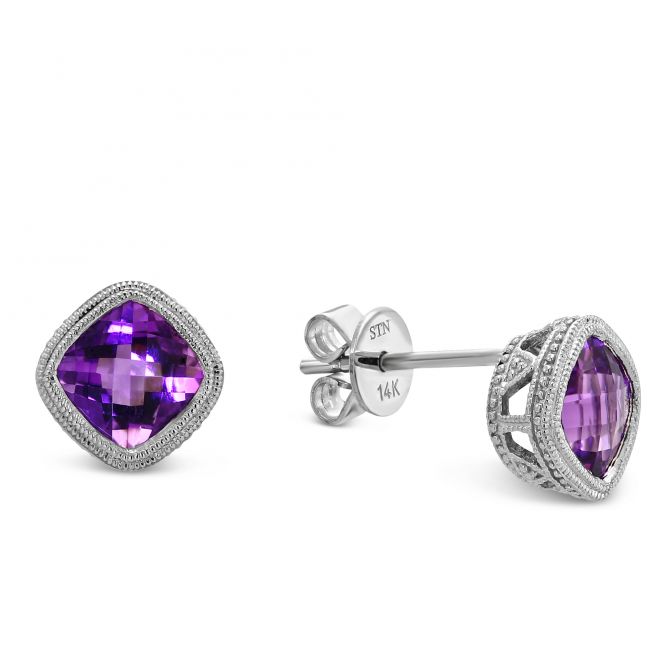 Amethyst Milgrain Bezel Set Earrings in White Gold