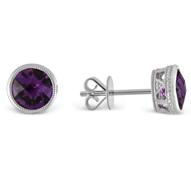 Round Faceted Bezel Set Amethyst Earrings in White Gold, 6mm