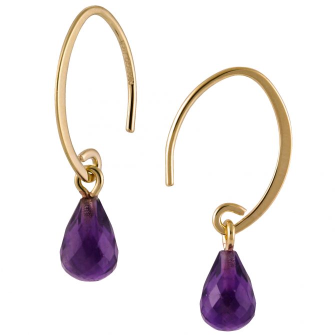 Amethyst Briolette Simple Sweep Drop Earrings in Yellow Gold