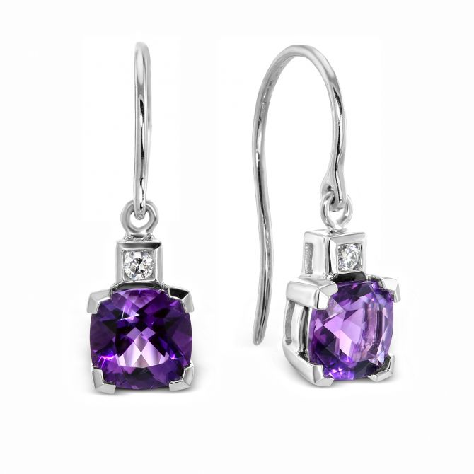 Cushion Amethyst & Diamond Dangle Earrings in White Gold