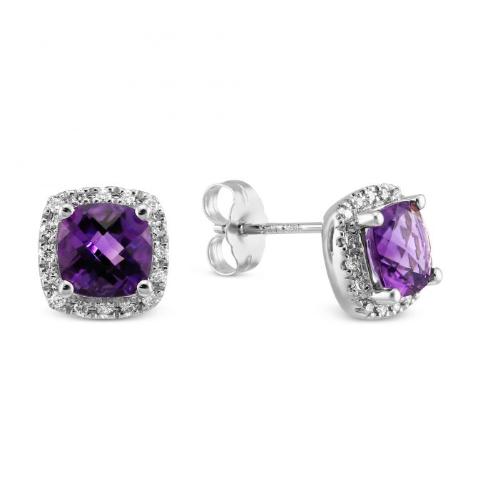 Cushion Amethyst & Diamond Halo Stud Earrings in White Gold